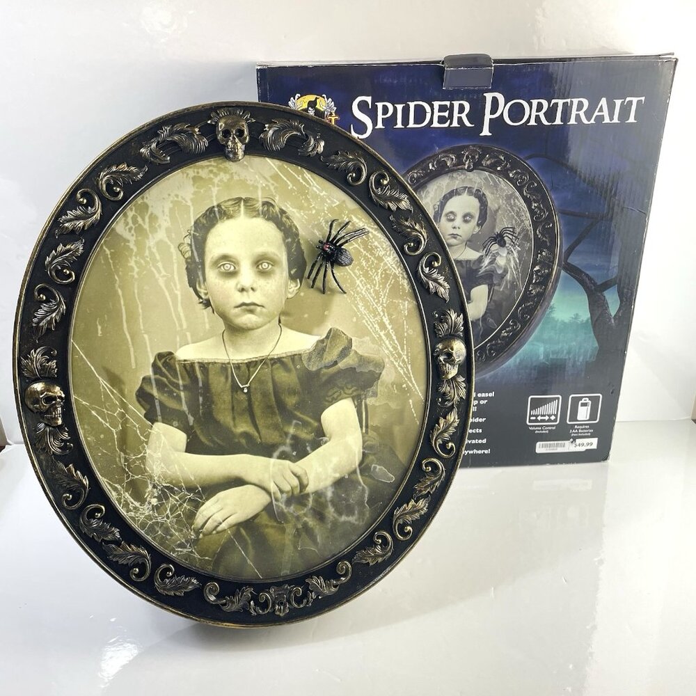 Moving Spider On Girl Framed Portrait Spirit Halloween Prop w Spooky Sounds
